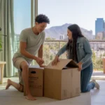 Couple unpacking after moving into a new apartment in Phoenix with city views
