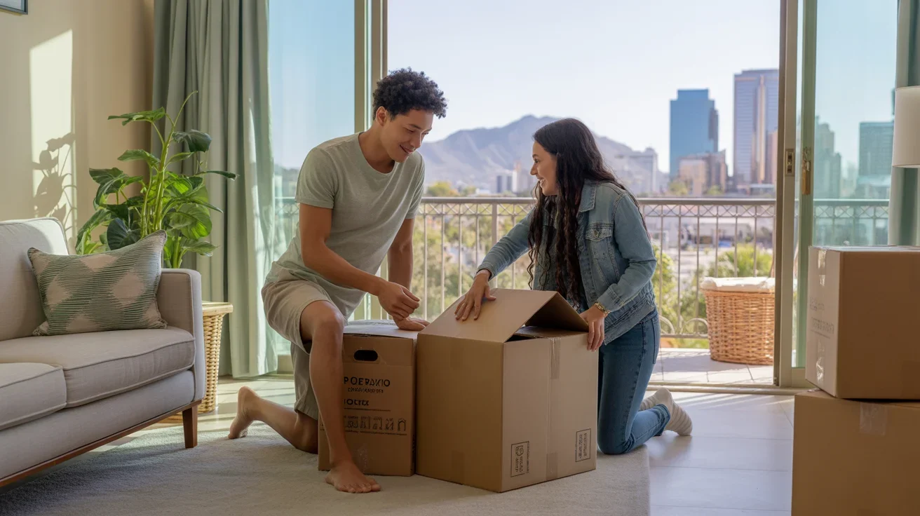 Couple unpacking after moving into a new apartment in Phoenix with city views