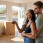 Young couple in empty living room of new home in Laveen, AZ