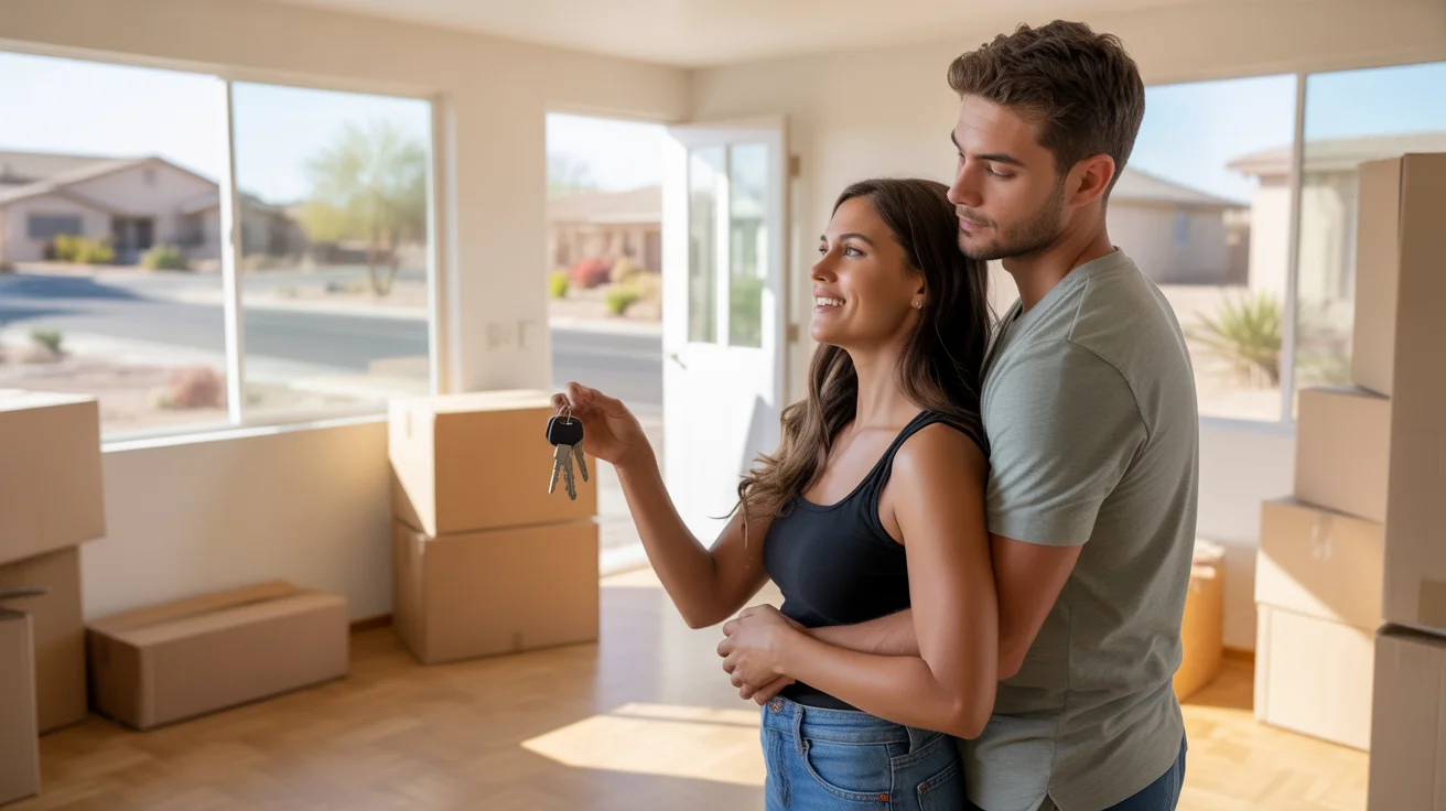Young couple in empty living room of new home in Laveen, AZ