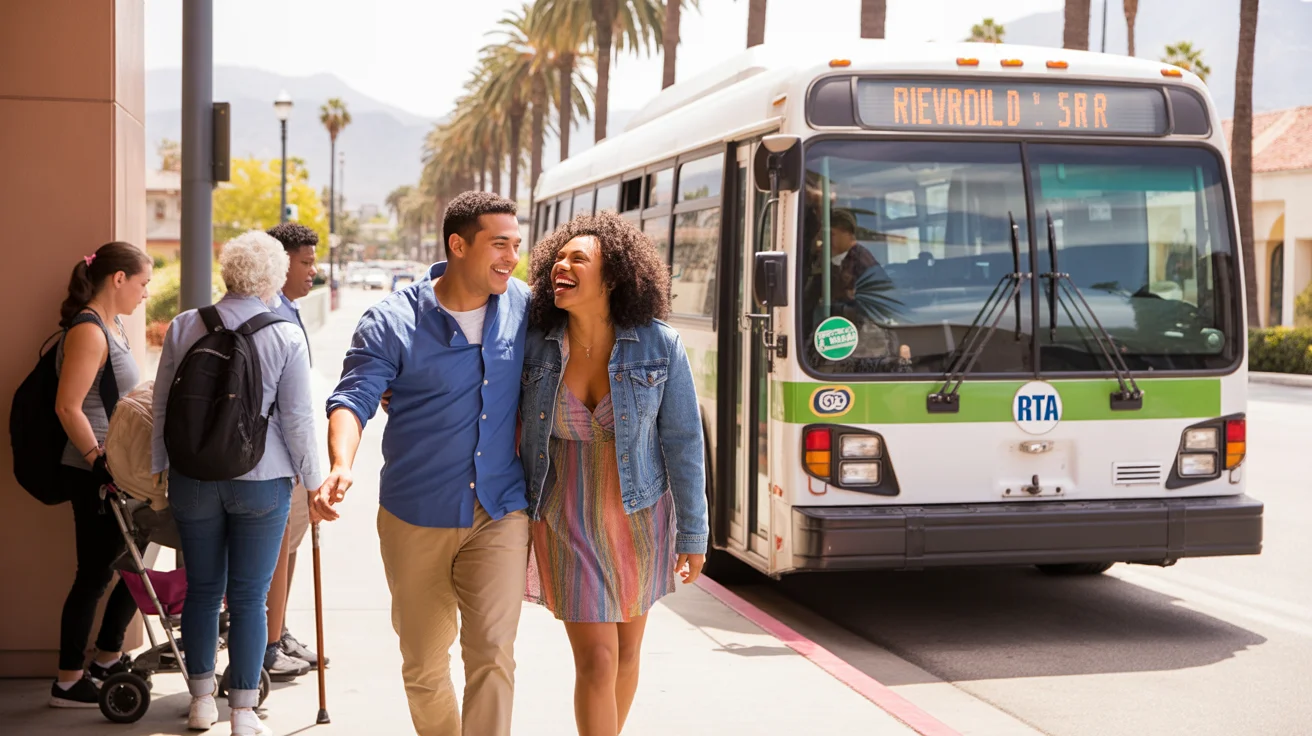 Two friends laughing and chatting while walking toward a parked RTA bus on a sunny day in Riverside, California.