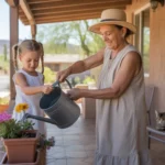 Grandmother and granddaughter water flowers on shaded porch in Apache Junction, AZ