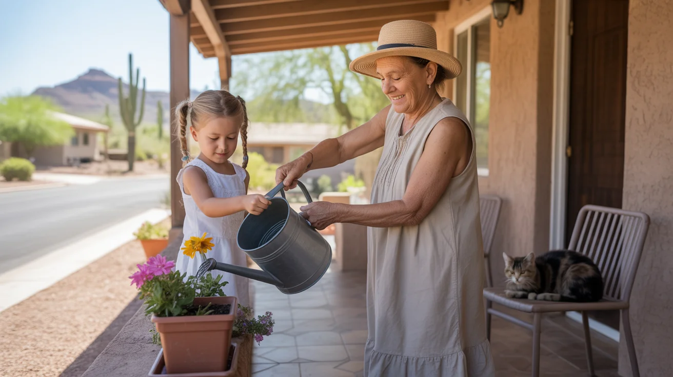 Grandmother and granddaughter water flowers on shaded porch in Apache Junction, AZ