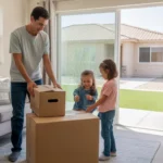 Family unpacking in their new Gilbert, AZ home on moving day