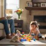 Father relaxes in recliner while young daughter plays with toys on living room floor in Queen Creek home