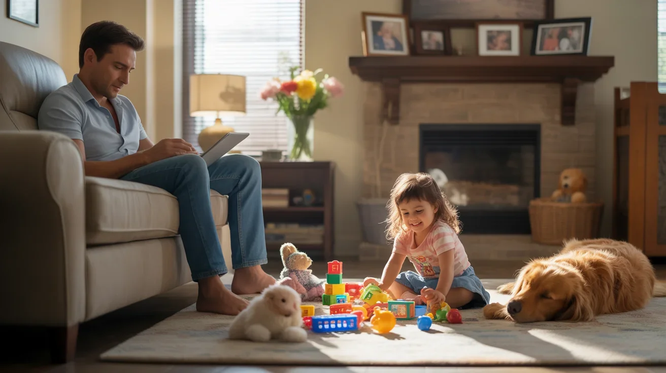Father relaxes in recliner while young daughter plays with toys on living room floor in Queen Creek home