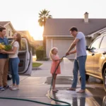 Two Peoria driveways show a couple at a condo and a father and daughter at a house, both enjoying everyday family moments at sunset.
