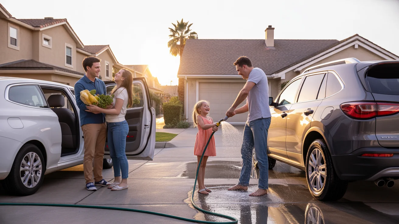 Two Peoria driveways show a couple at a condo and a father and daughter at a house, both enjoying everyday family moments at sunset.