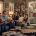 A family of four plays video games together in the living room of their cozy Maricopa home.