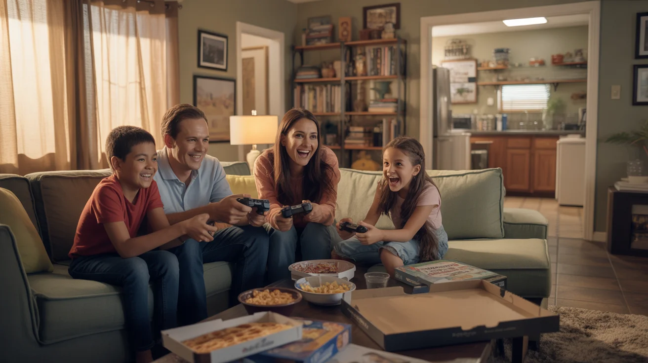 A family of four plays video games together in the living room of their cozy Maricopa home.