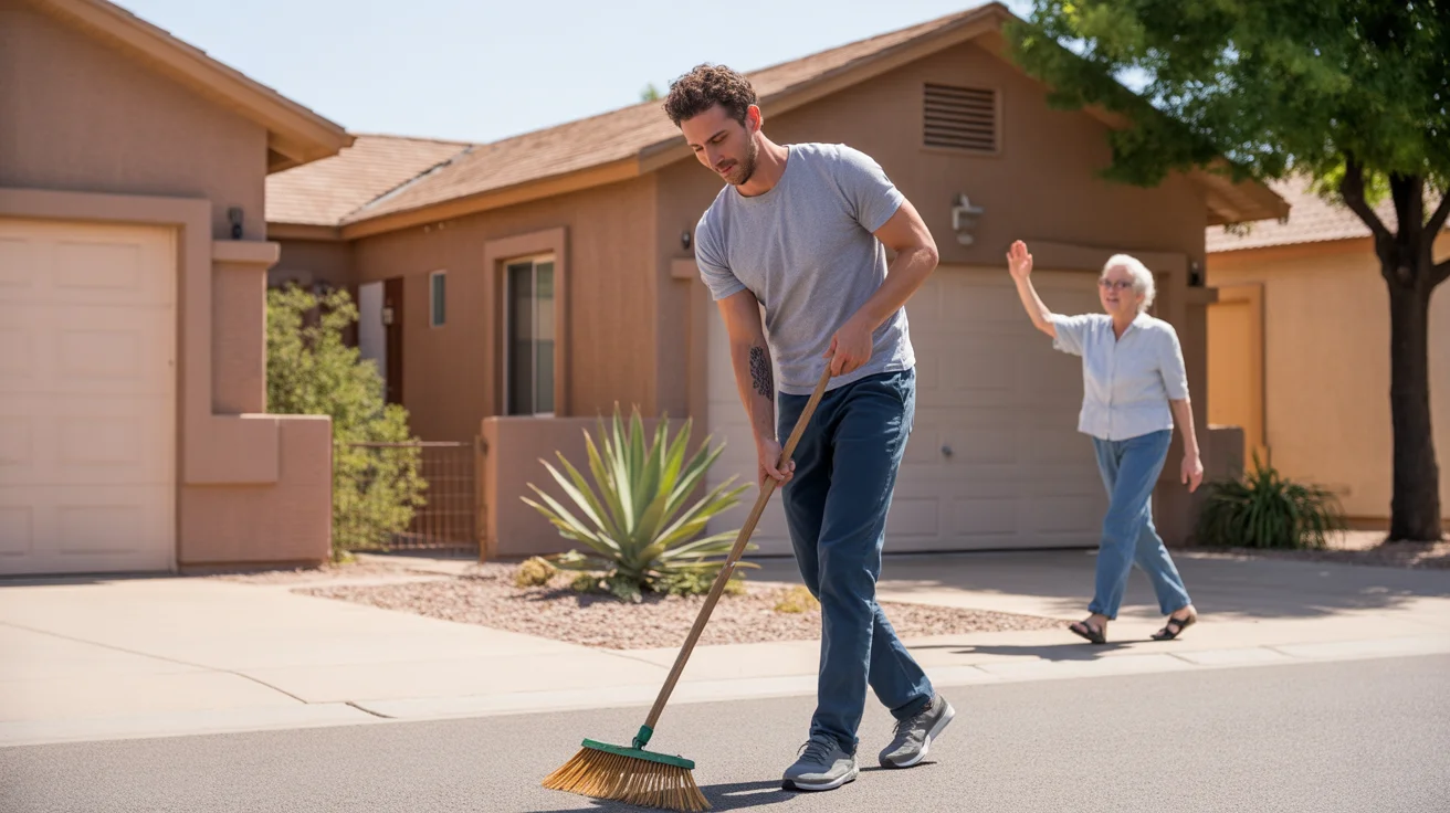 Man sweeping driveway of Avondale duplex while elderly neighbor waves hello
