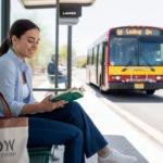Woman reading a book while waiting for the bus at a stop in Laveen, Arizona