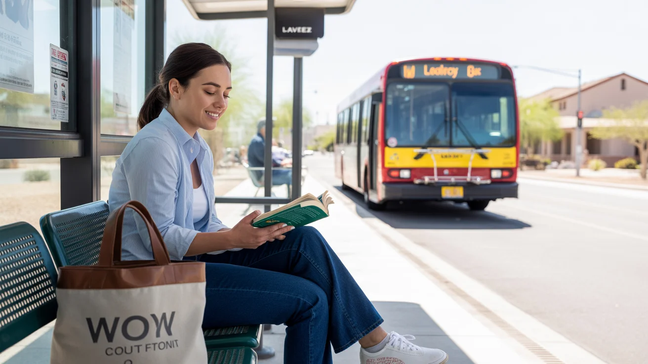 Woman reading a book while waiting for the bus at a stop in Laveen, Arizona