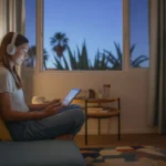 Woman watching movie on tablet while relaxing on couch in Mesa apartment at dusk