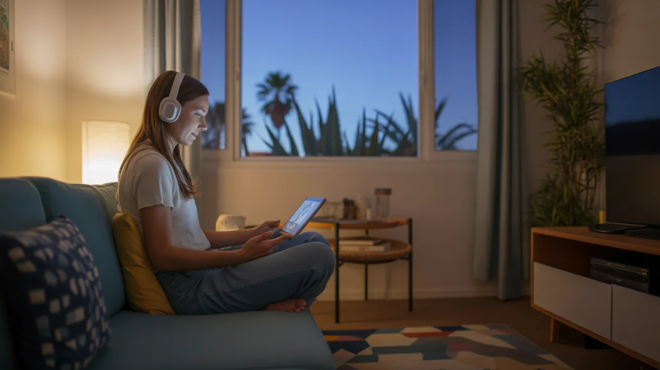 Woman watching movie on tablet while relaxing on couch in Mesa apartment at dusk