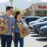 Couple leaving Fry's grocery store in Goodyear, Arizona carrying shopping bags