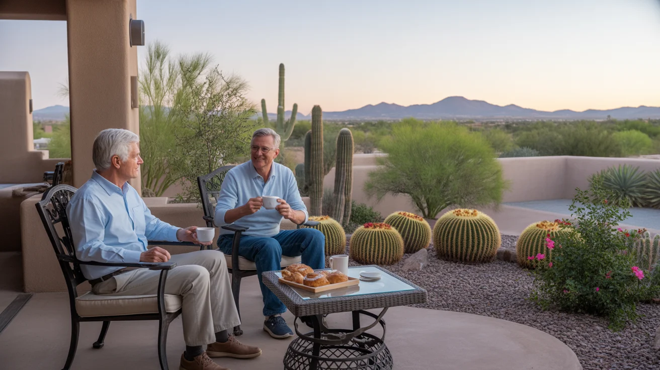 Couple drinking coffee on patio of their home in Mesa, AZ with cactus garden and mountain views