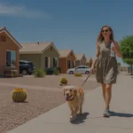 Woman walking her dog on a sidewalk past a row of xeriscaped homes in Maricopa, Arizona