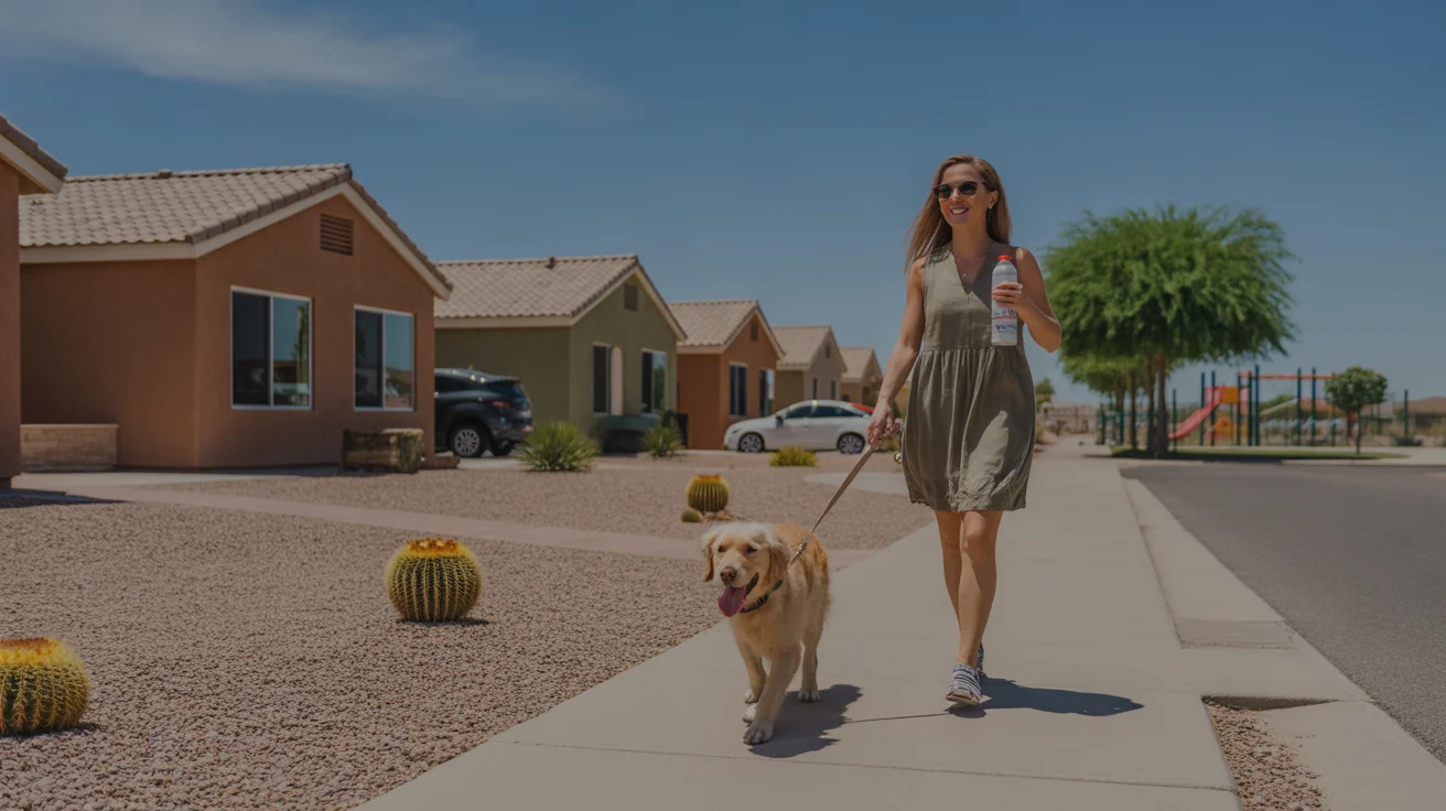 Woman walking her dog on a sidewalk past a row of xeriscaped homes in Maricopa, Arizona