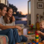 Couple watching TV while their child plays in their Riverside, CA home at sunset