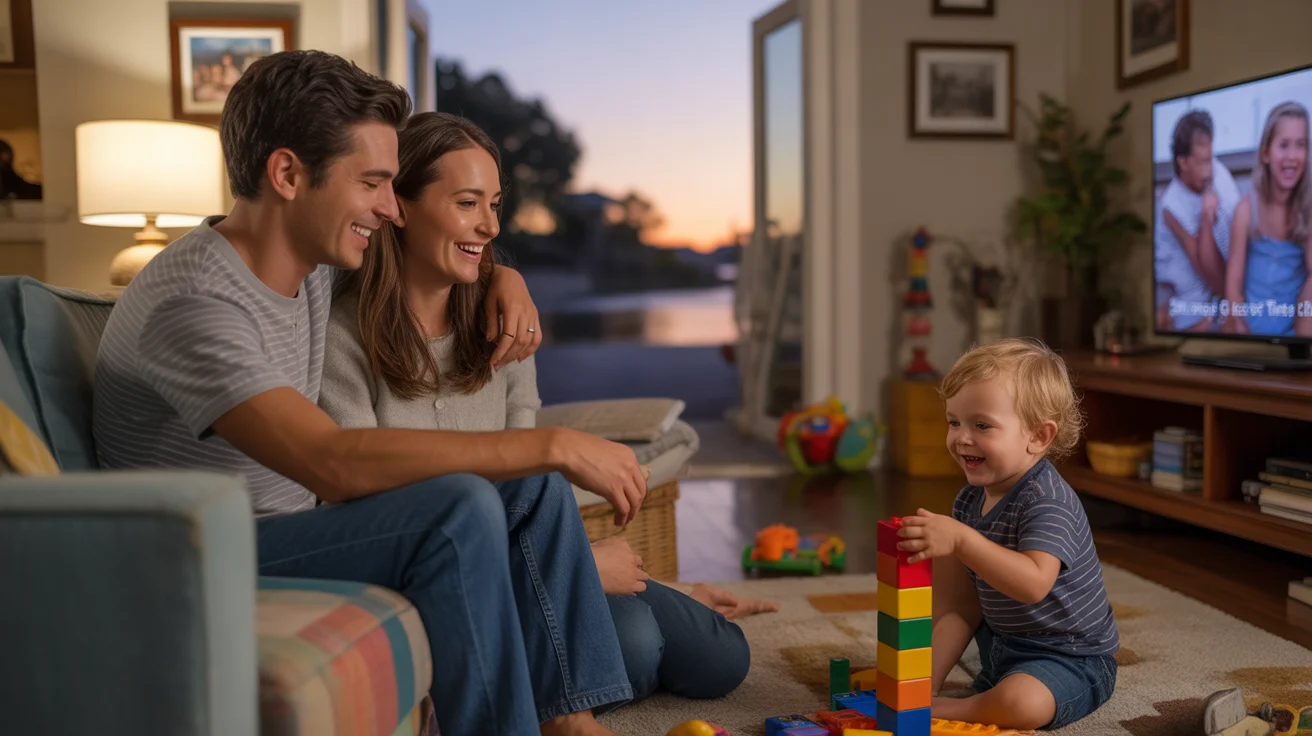 Couple watching TV while their child plays in their Riverside, CA home at sunset