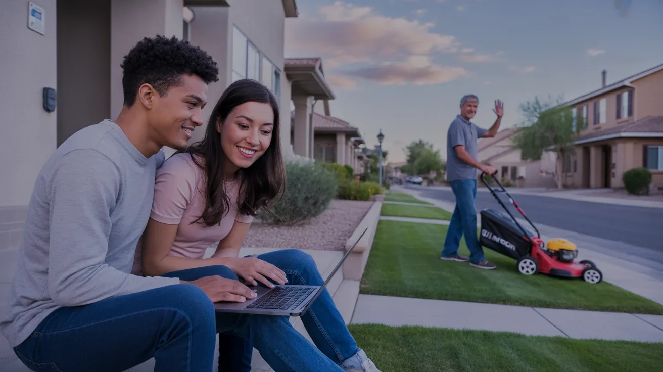 Couple looking at laptop on apartment steps in Queen Creek with man mowing lawn across street