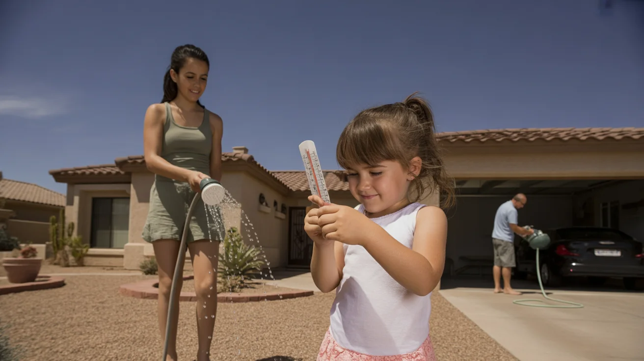Mother and daughter checking temperature outside Apache Junction home on hot summer day
