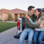 Young couple sitting on truck tailgate in driveway of new home in Queen Creek, AZ at sunset