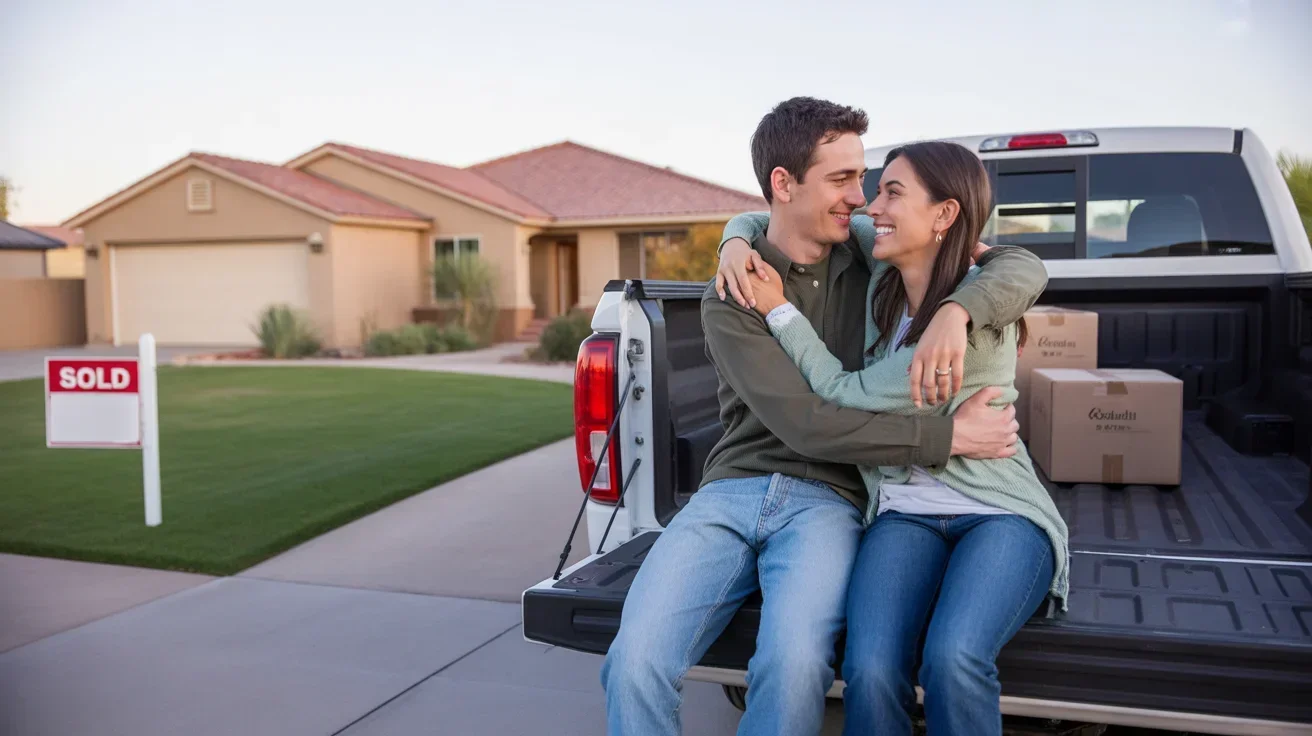Young couple sitting on truck tailgate in driveway of new home in Queen Creek, AZ at sunset