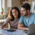 Couple reviewing monthly budget and expenses at kitchen table in Goodyear apartment