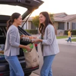 Two women unloading groceries from car trunk outside home in Queen Creek, AZ at sunset