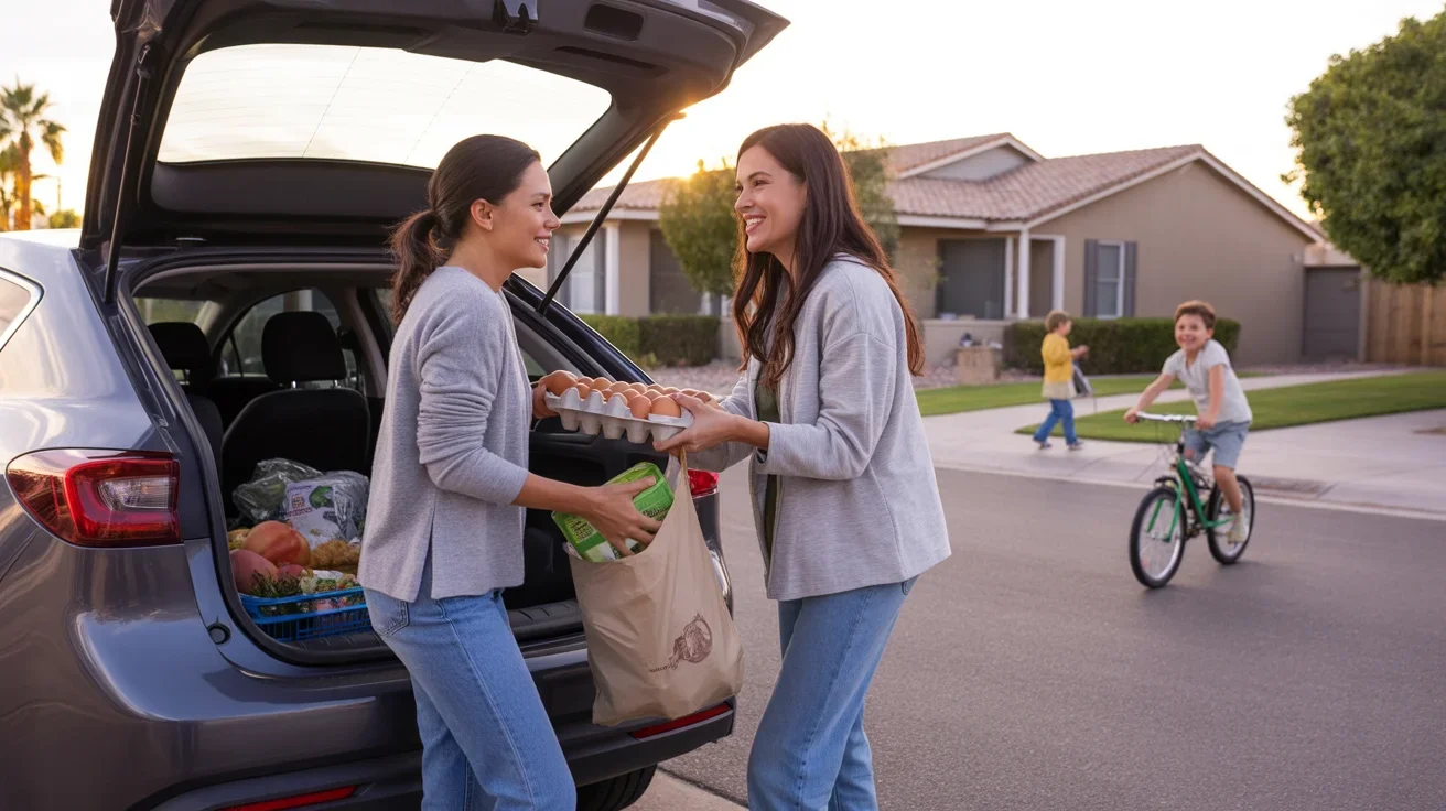 Two women unloading groceries from car trunk outside home in Queen Creek, AZ at sunset