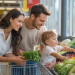 Couple grocery shopping with toddler in Scottsdale, Arizona