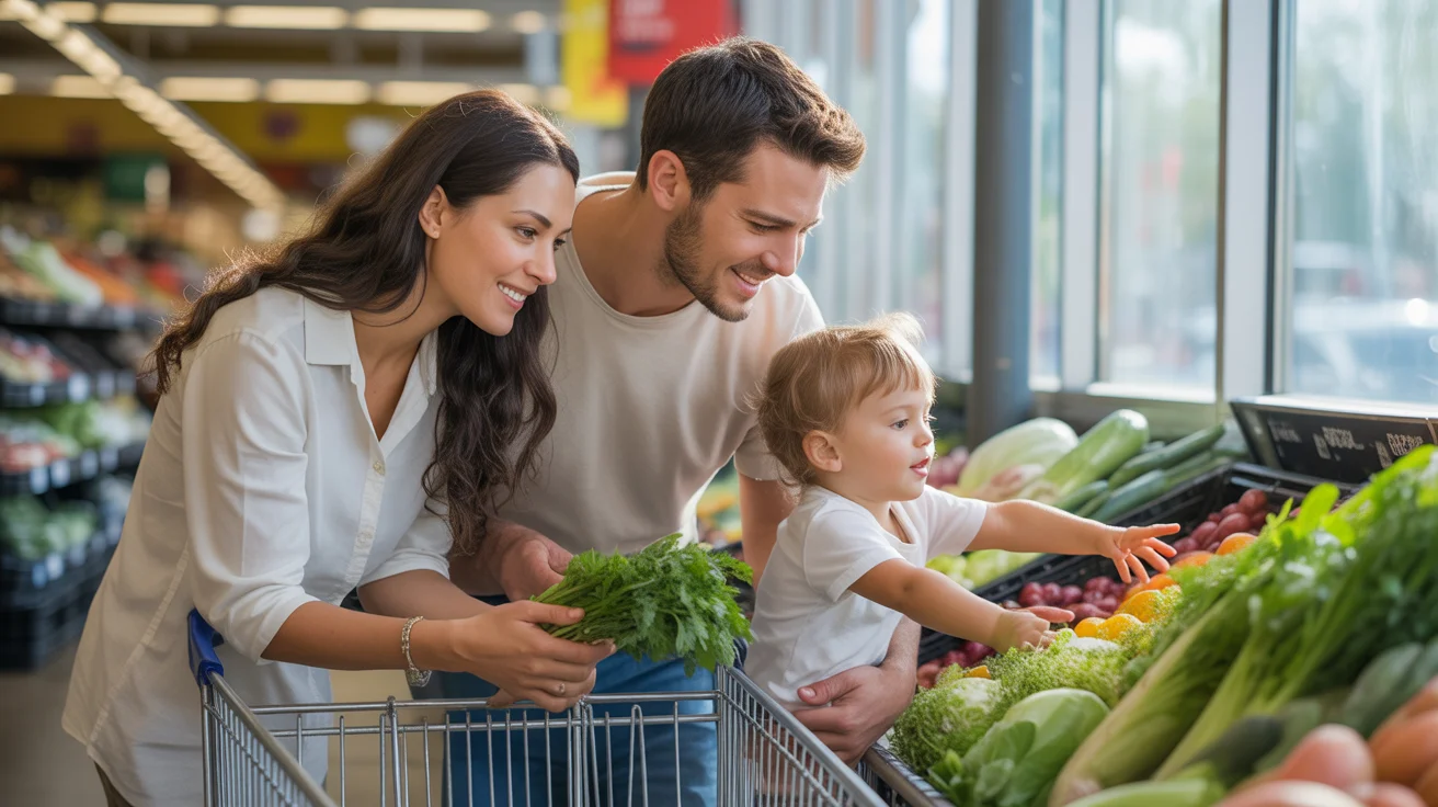 Couple grocery shopping with toddler in Scottsdale, Arizona