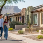 Couple walking dog past southwestern-style homes in Tempe, AZ neighborhood