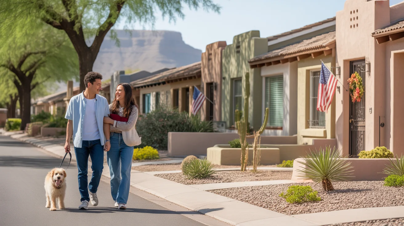 Couple walking dog past southwestern-style homes in Tempe, AZ neighborhood