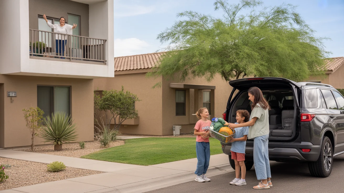 Neighbors wave to each other from condo balcony and house driveway in sunny Goodyear, Arizona suburb