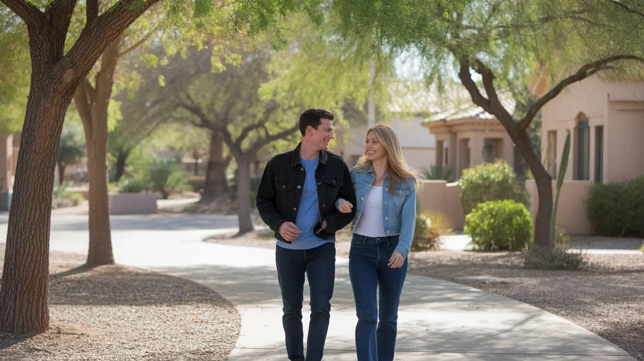 Two friends stroll and chat in a peaceful San Tan Valley park