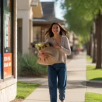 Woman walking past colorful internet provider storefront in Buckeye, Arizona suburb