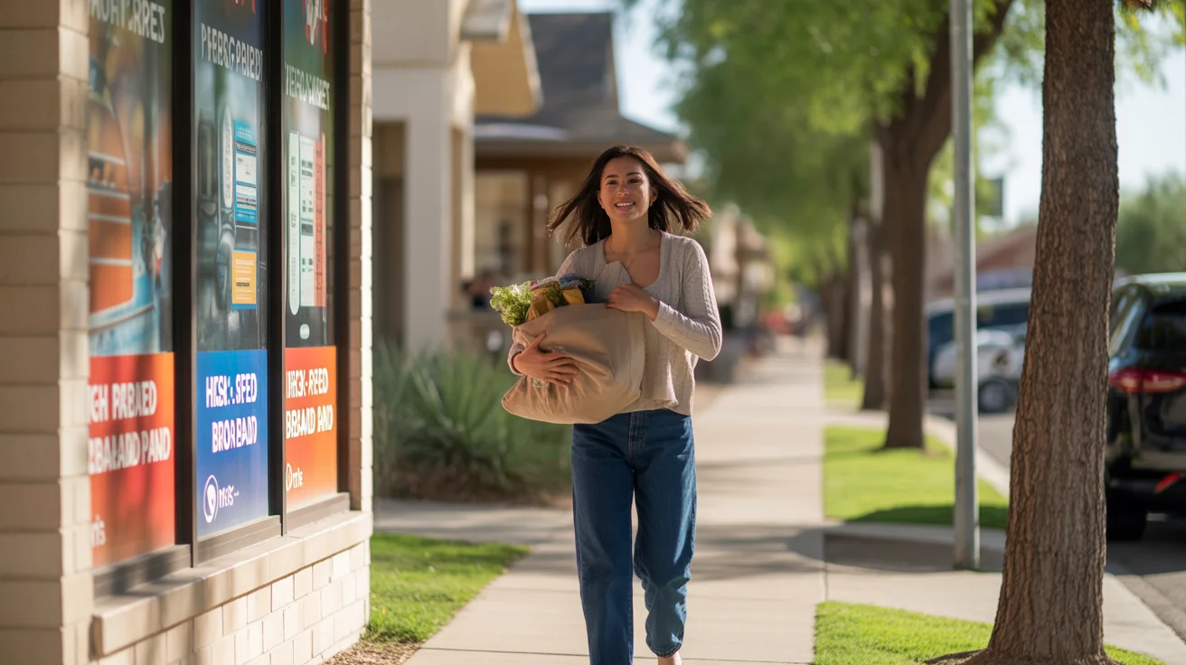 Woman walking past colorful internet provider storefront in Buckeye, Arizona suburb