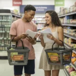 Two roommates smiling and comparing grocery lists in an Avondale, AZ supermarket aisle