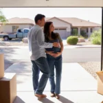 Pregnant couple looks out from garage of new home in Apache Junction Arizona neighborhood