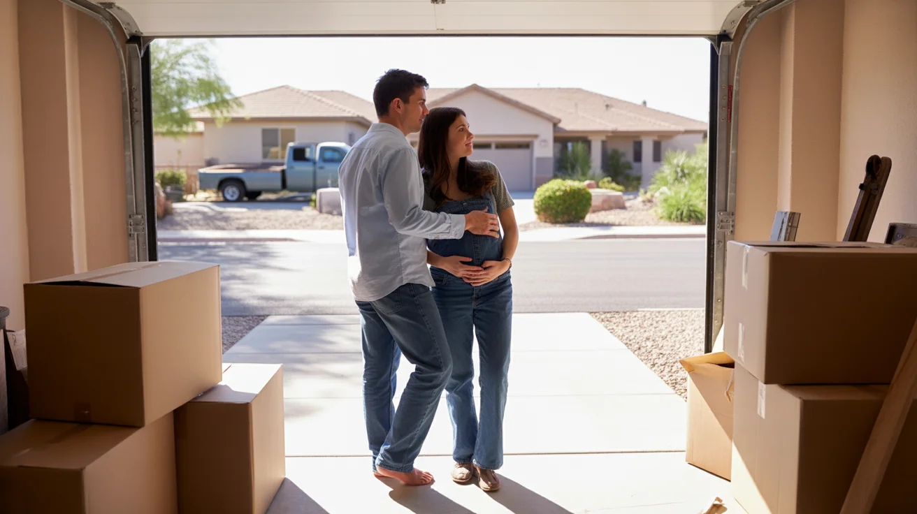 Pregnant couple looks out from garage of new home in Apache Junction Arizona neighborhood