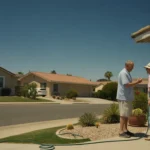 Neighbors chat in carport shade on hot summer day in Riverside, CA suburb