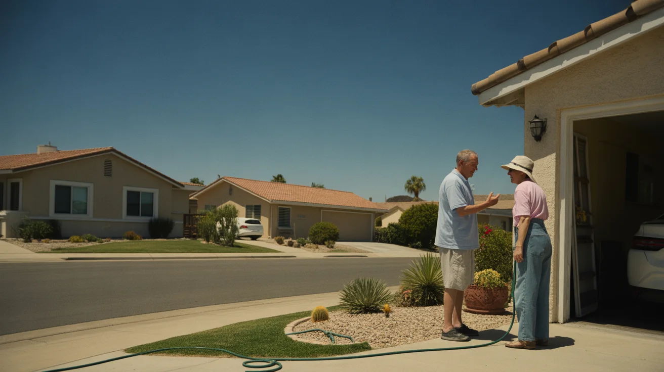 Neighbors chat in carport shade on hot summer day in Riverside, CA suburb