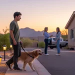 Man walks dog past xeriscaped homes in Apache Junction cul-de-sac at sunset