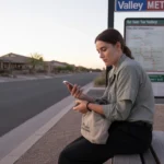 Woman waiting for bus at dusk in San Tan Valley, AZ neighborhood