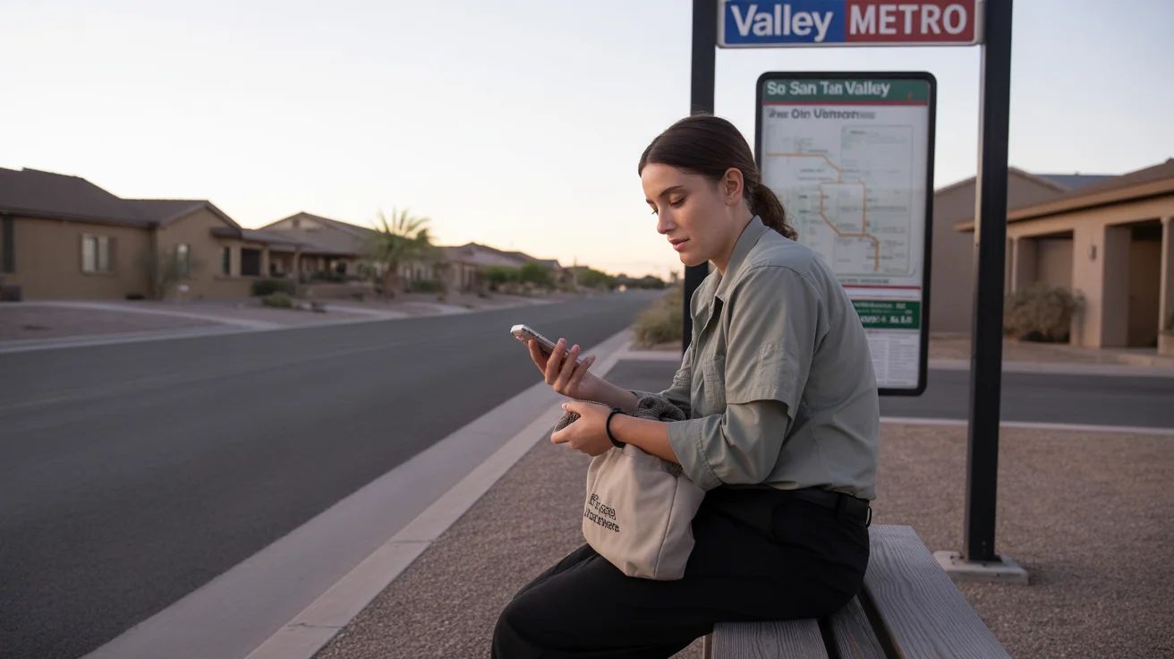 Woman waiting for bus at dusk in San Tan Valley, AZ neighborhood