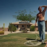 Man coiling garden hose beside irrigation timer in backyard with solar panels on house