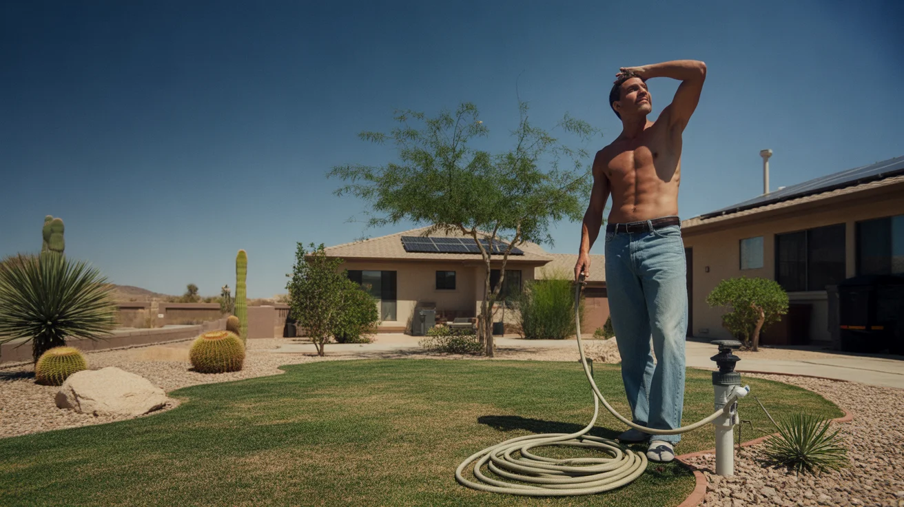 Man coiling garden hose beside irrigation timer in backyard with solar panels on house